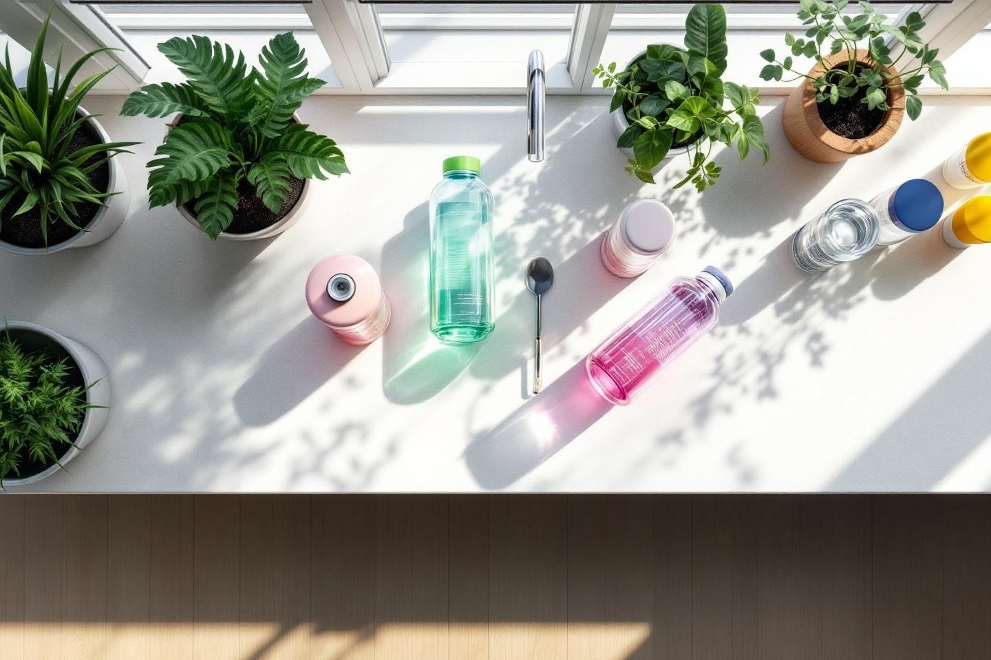 Diverses bouteilles colorées et plantes vertes sur un rebord de fenêtre