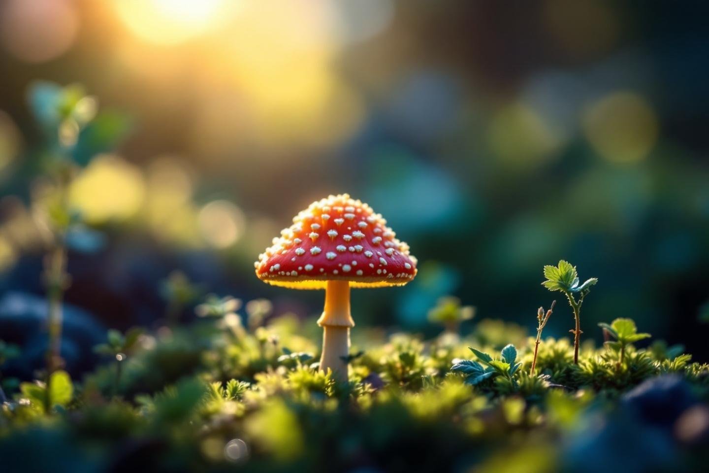 Amanite tue-mouches color&eacute;e parmi des plantes vertes ensoleill&eacute;es