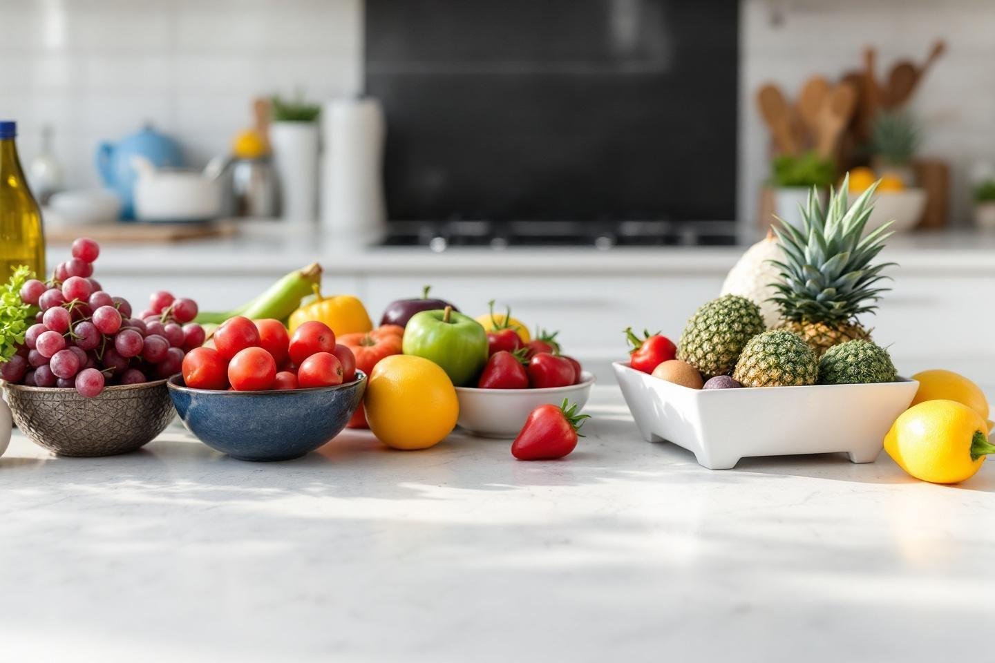 Variété de fruits frais dans des bols sur un comptoir blanc