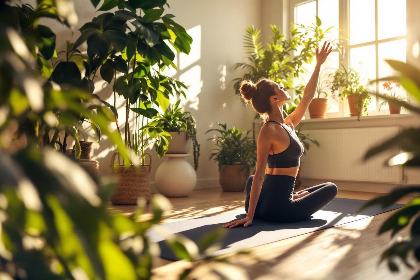 Femme en tenue de sport étirant les bras dans une pièce verdoyante