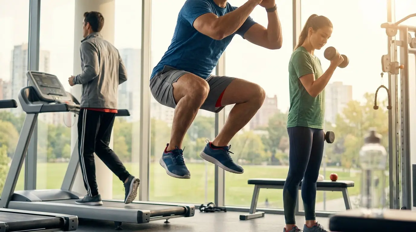 Dynamic fitness varied workouts in a modern gym