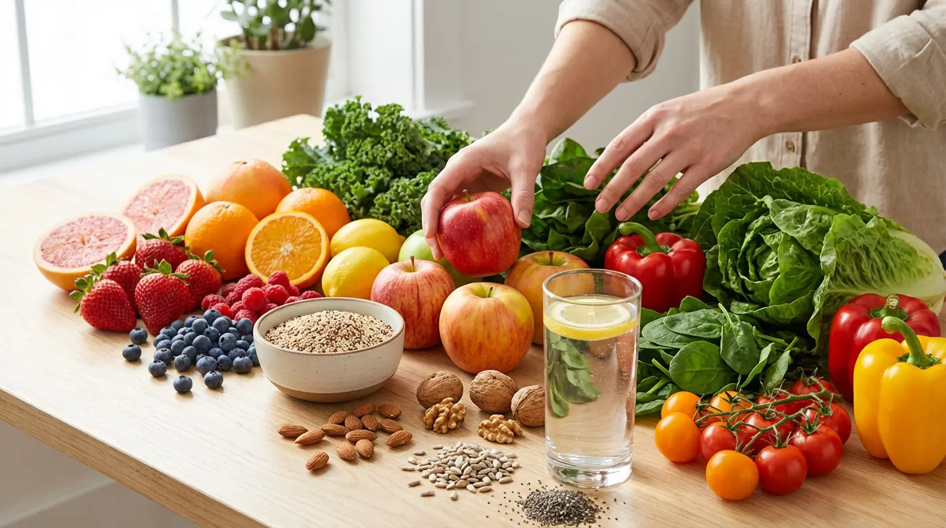 Vibrant healthy eating fresh fruits veggies and grains